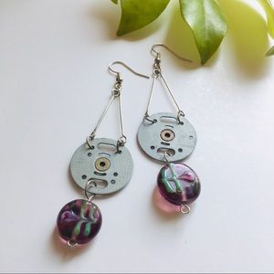 Disc with Purple Floral Bead Dangle Earrings